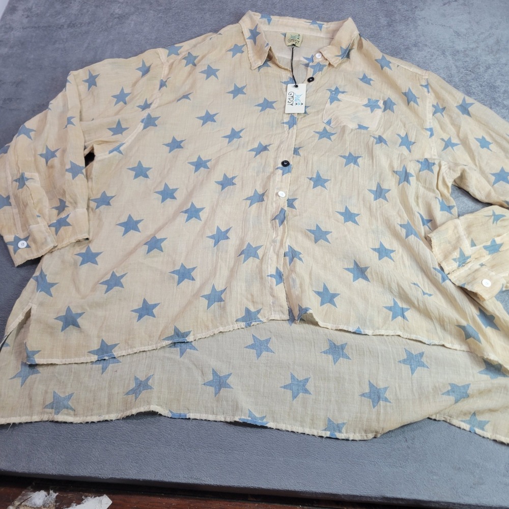 Jaded Gypsy Button Up Women L‎ Tan Blue Star Spangled Boho Oversized Gauze Shirt